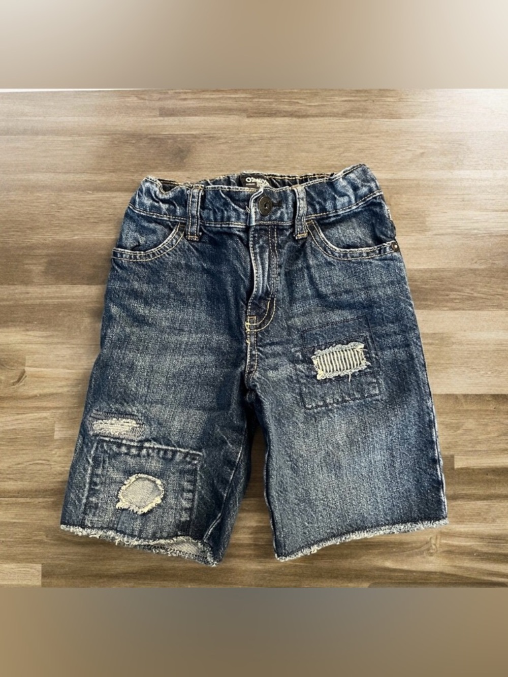 Oshkosh B’gosh Kid’s Denim Bermuda Patchwork Distressed Shorts Adjust Waist Sz 5